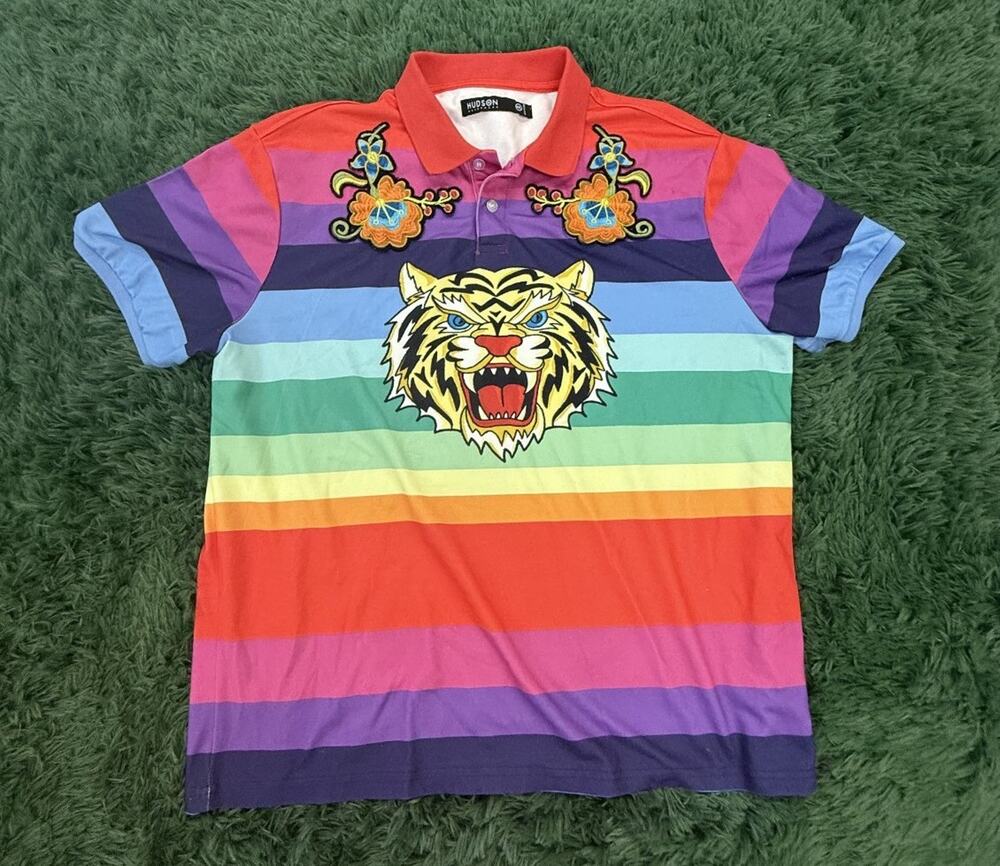 HUDSON OUTERWEAR Men's XXL Rainbow Stripe Polo Shirt with Tiger & Floral